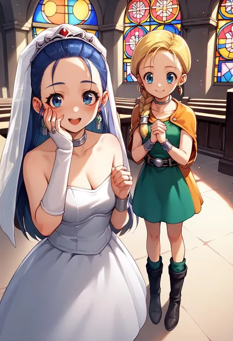 two anime characters dressed in wedding dresses standing in a church