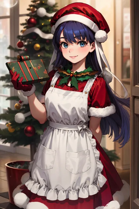 masterpiece,best quality,1girl,mature female,Martha,MarthaSanta,santa hat,christmas,fur-trimmed,apron,standing,smile,christmas tree,gift box,<lora:MarthaLORA:1>,