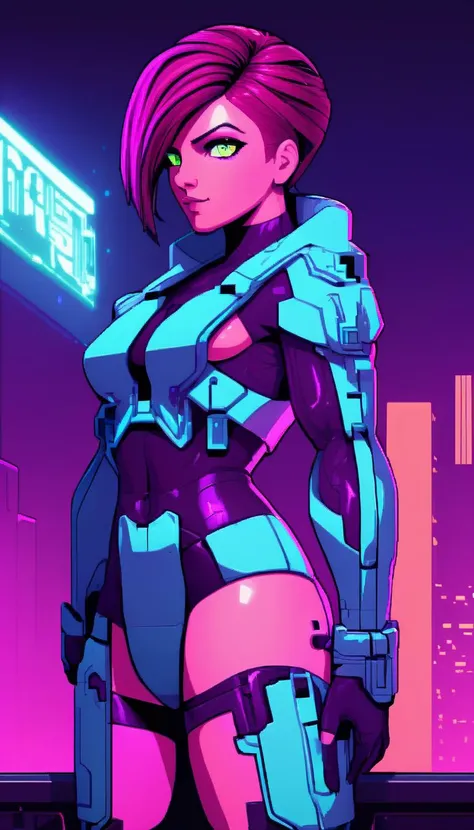 pixel-art rvb agent Carolina, (reimagined in a cyberpunk universe), (cyberpunk style), (cyberpunk outfit), (punk hair), augmentation, (cyberpunk), cybernetics, glowing neon lights, cinematic scene, hero view, action pose, beautiful 8k, detailed background,...