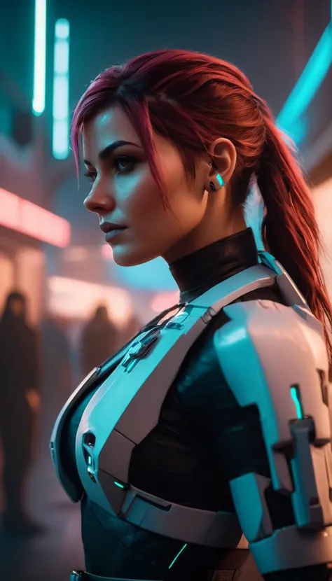 cinematic film still rvb agent Carolina, (reimagined in a cyberpunk universe), (cyberpunk style), (cyberpunk outfit), (punk hair), augmentation, (cyberpunk), cybernetics, glowing neon lights, cinematic scene, hero view, action pose, beautiful 8k, detailed ...