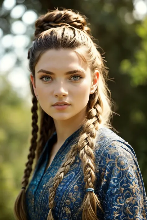 a woman with long braid hair and blue dress in a forest