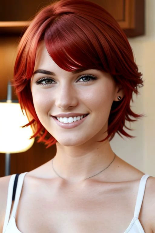 a close up of a woman with red hair and a white tank top