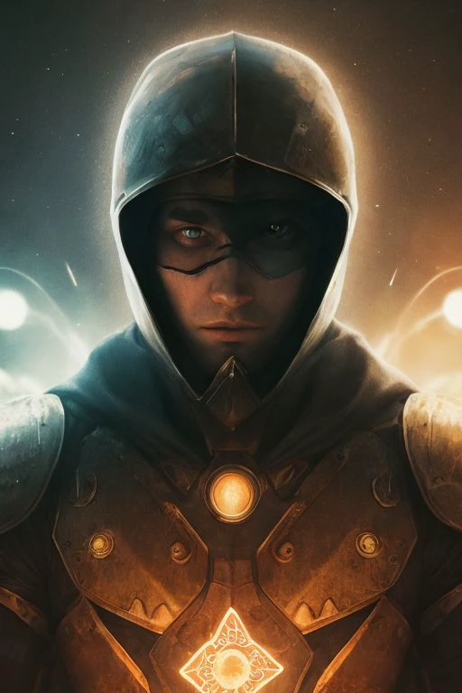 A dark ghostly male silhouette. Messenger of Gaa. Cracked skin. light armor. Cracked armor. Canvas hood. Runic circle. Elements. Power from inside. Glowing eyes. Bokeh blur. ral-dissolve.BadDream