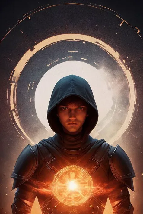 A dark ghostly male silhouette. Messenger of Gaa. Cracked skin. light armor. Cracked armor. Canvas hood. Runic circle. Elements. Power from inside. Glowing eyes. Bokeh blur. ral-dissolve.BadDream