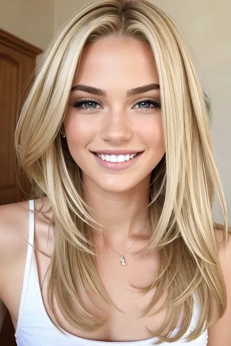 a woman with blonde hair and blue eyes is smiling