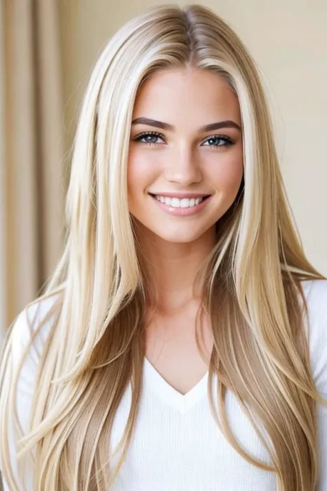 a woman with long blonde hair and a white shirt