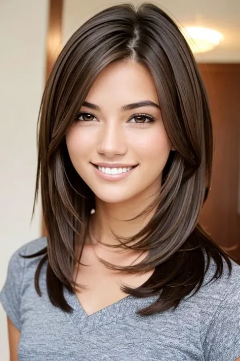 a woman with long brown hair and a gray shirt