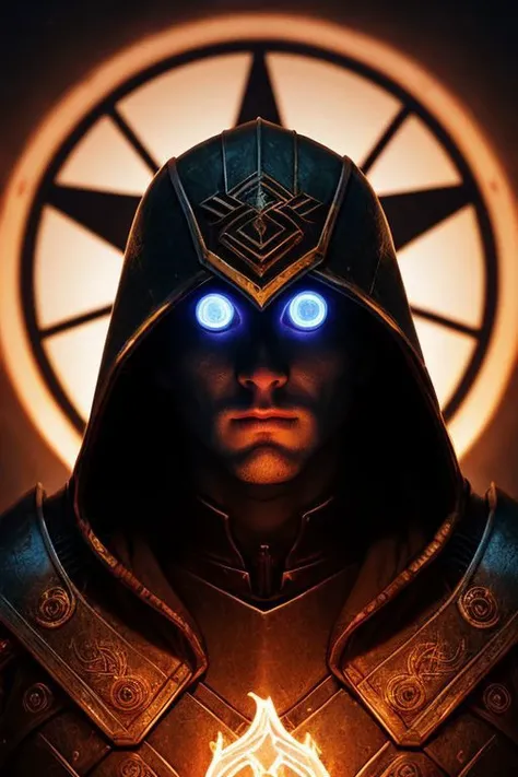 A dark ghostly male silhouette. Messenger of Gaa. Cracked skin. light armor. Cracked armor. Canvas hood. Runic circle. Elements. Power from inside. Glowing eyes. Bokeh blur. ral-dissolve.BadDream