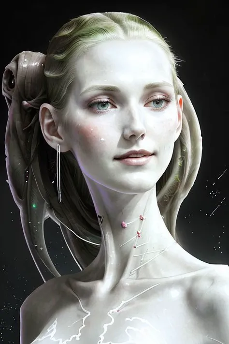 Clouse up portrait of a tall goddess, ((oblong face, long neck, slender body, pale skin, skinny, smile)), ((guyver)), insectoid uniform, luminescence, glitter, detailed face, detailed background, intense expression, surging power, floating particles, refle...