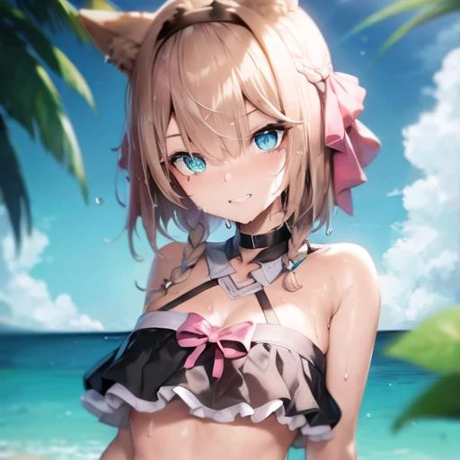 <lora:pardofelisHonkaiImpact_v10:1>,
(best quality:1.3), (ultra detailed), detailed light,
cat ears, green eyes, heterochromia, blue eyes, bright pupils, short hair, grin, looking at viewer,
frilled bikini, swimsuit, bare shoulders, cleverage, small breast...