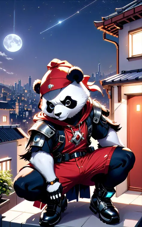 breathtaking, a cyborg anthropomorphic giant panda male furry sitting on stairs on rooftop, He has mechanical arms, mechanical hands, mechanical legs and mechanical boots, He wears short sleeves red hoodie, cloak, baggy clothes, baggy shorts, looking afar,...