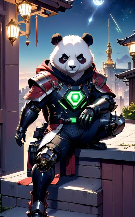 breathtaking, a cyborg anthropomorphic giant panda male furry sitting on stairs on rooftop, He has mechanical arms, mechanical hands, mechanical legs and mechanical boots, He wears short sleeves red hoodie, cloak, baggy clothes, baggy shorts, looking afar,...