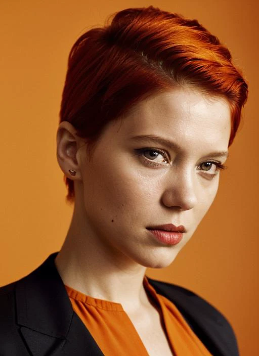 portrait of sks woman by Flora Borsi, style by Flora Borsi, bold, bright colours, orange Mohawk haircut, ((Flora Borsi)), <lora:locon_leaseydoux_v1_from_v1_64_32:1>