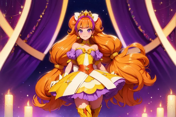 1girl, solo, (rapunzel tangled) as cure twinkle, highest quality, highly detailed, masterpiece, best quality,standing, purple petticoat, purple neck ribbon, thigh boots, earrings, hair ribbon, tiara <lora:Char_gppc-CureTwinkle:0.7>