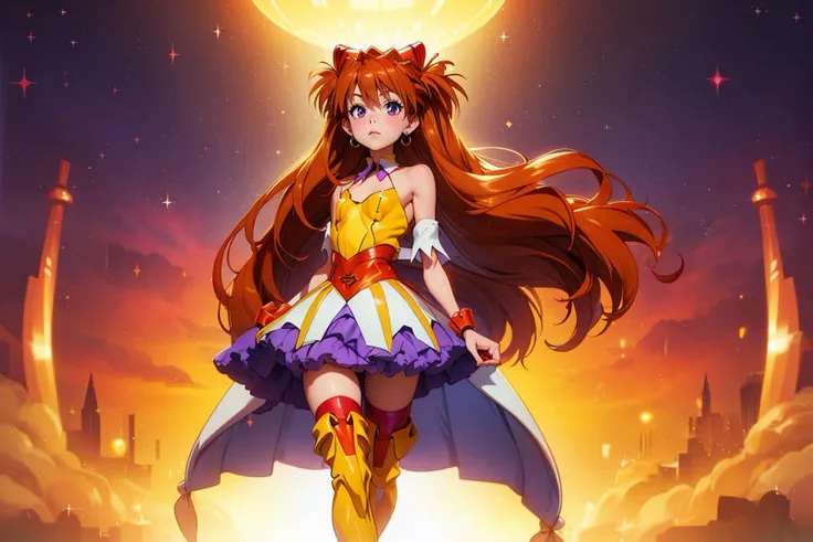 1girl, solo, (((souryuu asuka langley))) as cure twinkle, highest quality, highly detailed, masterpiece, best quality,standing, purple petticoat, purple neck ribbon, thigh boots, earrings, hair ribbon, tiara <lora:Char_gppc-CureTwinkle:0.7>