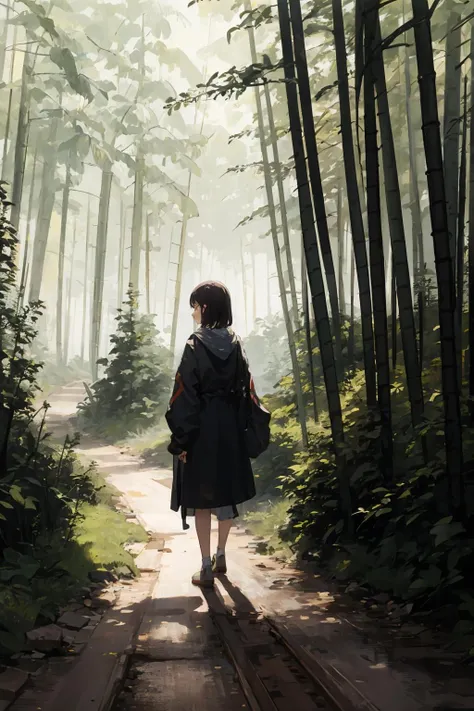 anime girl walking in the woods with a backpack