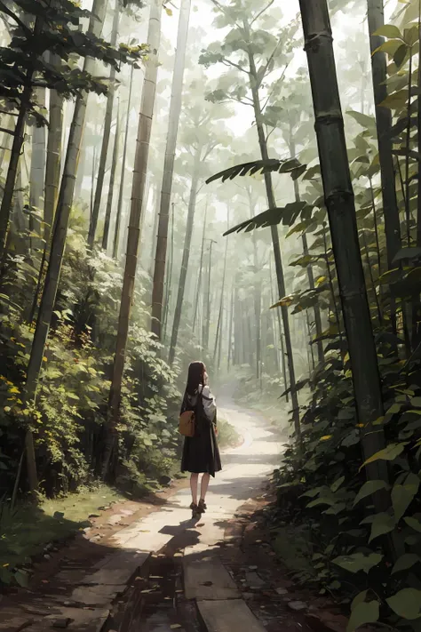 anime girl walking in the woods with backpack