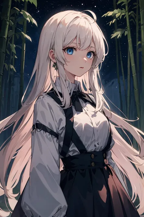 a woman with long white hair standing in a forest