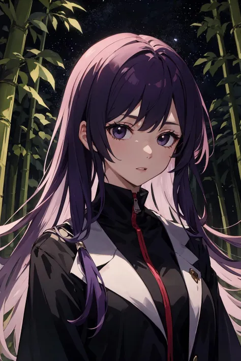 anime girl with long purple hair and black jacket standing in bamboo forest