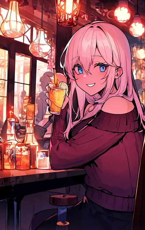 anime girl with pink hair holding a glass of beer