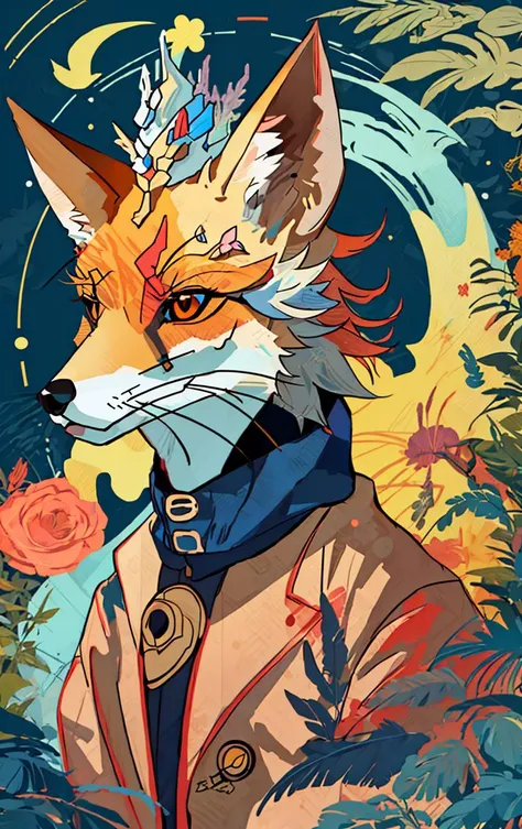 a cartoon fox wearing a coat and a hat with flowers