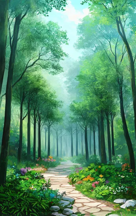 a painting of a path through a forest with flowers and trees