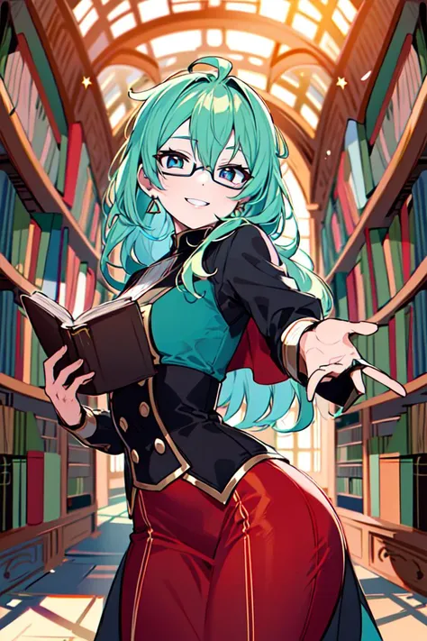 sehele style, <lora:sehele:0.4>, best quality, (masterpiece:1.2), detailed, (((curious expression))), (((looking into a book))), long hair, aqua hair, aqua eyes, round glasses, green shoulder cape, red ribbon, blouse, corset, long dress, (((cowboy shot))),...