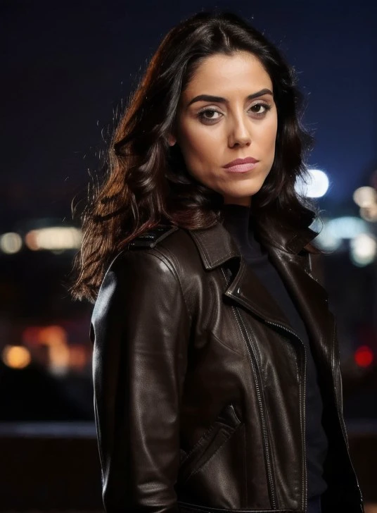 (realistic RAW portrait) 
 of cansu_dere as a beautiful female model, georgia fowler, beautiful face, with short dark brown hair, in cyberpunk city at night. She is wearing a leather jacket, black jeans, dramatic lighting, (police badge:1.2)
<lora:cansu_de...