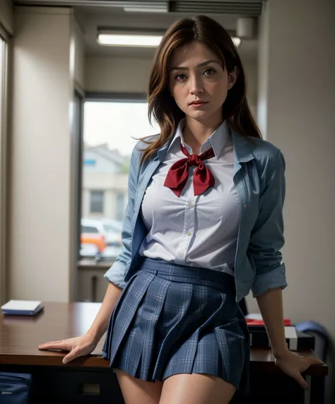 sashlx,photo of 40yo woman, Japanese school uniform cosplay,pleated dark blue plaid skirt blowing up, showing white panties ,white shirt ,large (red bow) on shirt, (dark blue) jacket,shirt tucked in full body,trying to pat down skirt,looking shocked,glanci...