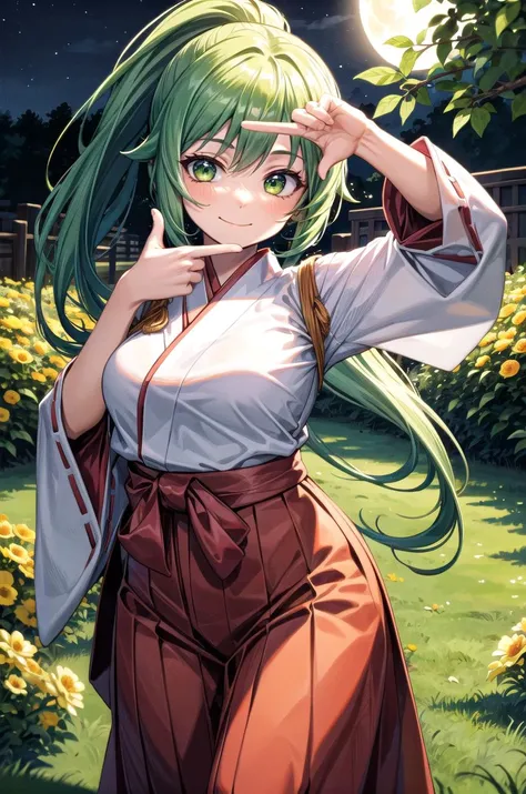 (masterpiece, best quality, detailed), 1girl, solo, Mion Sonozaki, green hair, green eyes, ponytail,
miko, japanese clothes, red hakama, hakama skirt, wide sleeves, white kimono, ribbon trim, outdoors, garden, grass, night, yellow flower, flower pot, smile...