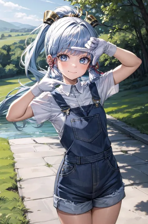 (masterpiece, best quality, detailed), 1girl, solo, kamisato_ayaka, blunt bangs, long hair, ribbon, hair ornament, sidelocks, hair ribbon, ponytail, mole under eye, white hair, looking at viewer,
overalls, short sleeves, white gloves, green shirt, outdoors...