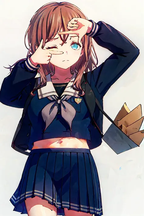 masterpiece,best quality,highres,1girl,finger frame,one eye closed,white background,<lora:FingerFramePoseLoRAææç¸æ¡:1.1>,solo,long hair,brown hair,school uniform,blue eye,serafuku,sailor collar,<lora:colorfulPencilså½©è²éç¬:1>,pleated skirt,<lora...