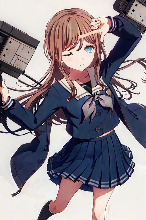 masterpiece,best quality,highres,1girl,finger frame,one eye closed,white background,<lora:FingerFramePoseLoRAææç¸æ¡:1.1>,solo,long hair,brown hair,school uniform,blue eye,serafuku,sailor collar,<lora:colorfulPencilså½©è²éç¬:1>,pleated skirt,<lora...