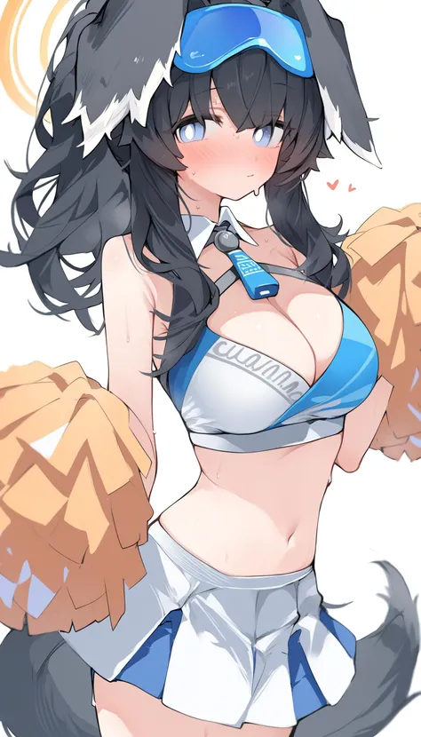 score_9,score_8_up,score_7_up,1girl,solo,long hair,breasts,looking at viewer,blush,bangs,skirt,large breasts,simple background,black hair,gloves,white background,navel,animal ears,cleavage,bare shoulders,tail,ponytail,heart,cowboy shot,sweat,midriff,stomac...