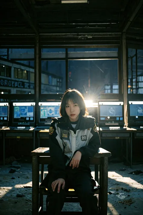 there is a woman sitting on a chair in front of a bunch of monitors