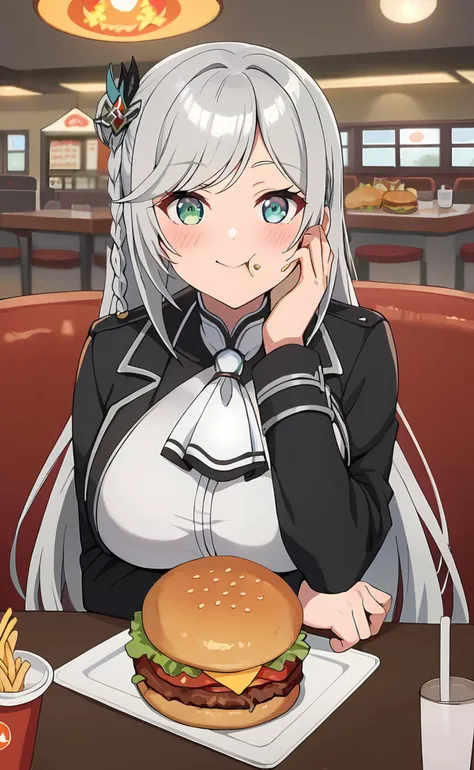 anime girl sitting at a table with a hamburger and fries