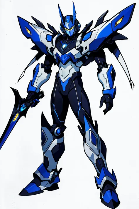 <lora:MMMM_Style:0.7>,standing,1boy,robot,armor looking at the viewer,blue and silver armor,electric cyber sword,intense,mmmm style,solo,simple background,masterpiece,