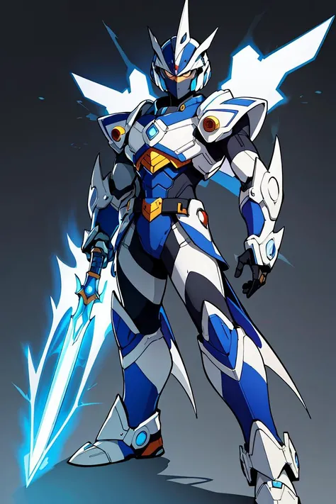 <lora:MMMM_Style:0.7>,standing,1boy,robot,armor looking at the viewer,blue and silver armor,electric cyber sword,intense,mmmm style,solo,simple background,masterpiece,