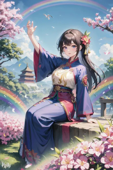 1 girl, solo, full body, female focus, detailed face, Chinese clothing, hanfu, scenery, rainbow, sky, flying birds, lush jungle, tropical flowers, outdoors, fisheyes, masterpiece, top quality, best quality, official art, beautiful and aesthetic, animation,...