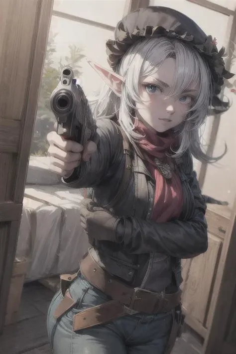 anime girl with gun in hand in a room with a bed