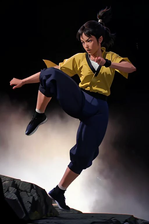 edblstyle, woman performing a jump kick, highly detailed, black background, in motion, dramatic light, 
 <lora:Enter_Dragon_v2:0.8>