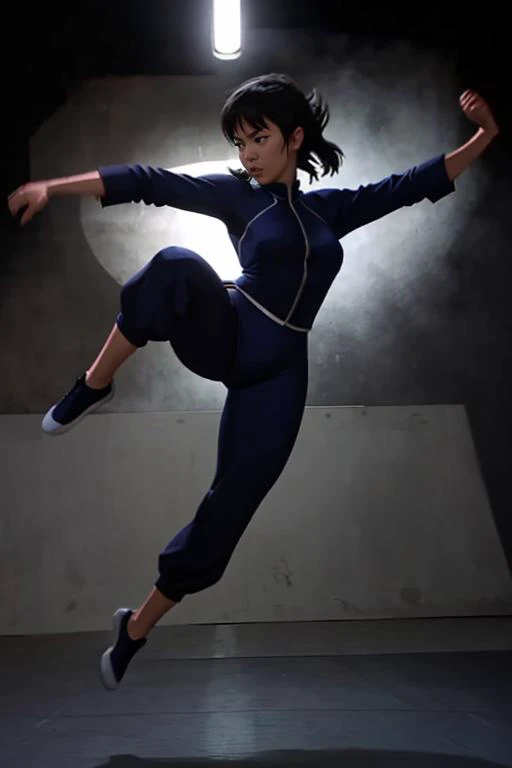 edblstyle, woman performing a jump kick, highly detailed, black background, in motion, dramatic light, 
 <lora:Enter_Dragon_v2:0.8>