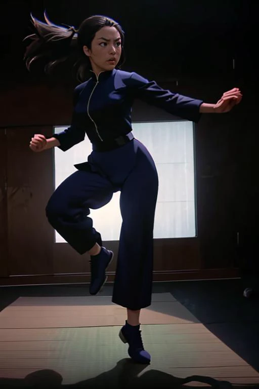 edblstyle, woman performing a jump kick, highly detailed, black background, in motion, dramatic light, 
 <lora:Enter_Dragon_v2:0.8>