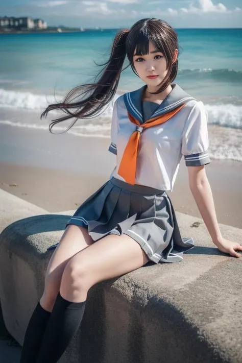 ltra-detailed,highly detailed,best quality,masterpiece,illustration,realistic,photorealistic,
llas, cosplay, 1girl, solo,
school uniform, serafuku, sailor collar, short sleeves, orange necktie, tie clip, pleated skirt,kneehighs, 
long hair, bangs,hair orna...