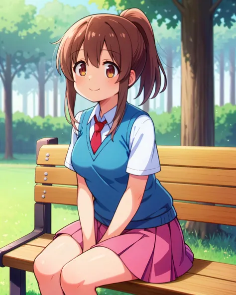 score_9, score_8, score_7, source_anime,
1 girl,upper body, outdoors, forest, short_torso,child, solo focus, short_torso,medium breasts, sitting, solo,bench, light smile, 
aoyama nanami, ponytail, school uniform, blue sweater vest, red necktie, pink skirt,...