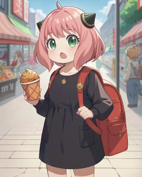 score_9, score_8, score_7, source_anime,
shopping street,outdoors, solo,solo focus, 
by anya (spy x family), 
1girl,child,little girl,(chibi:1.2),short dress,backpack, holding food, Large round mouth,open mouth, 
pink hair, medium hair,  hair ornament, gre...