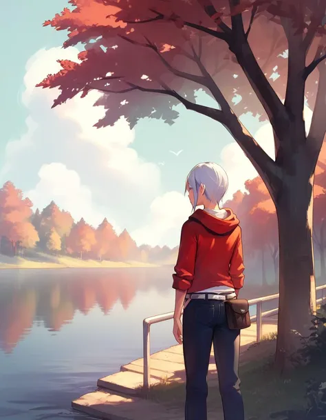 anime girl standing on a dock looking out at a lake