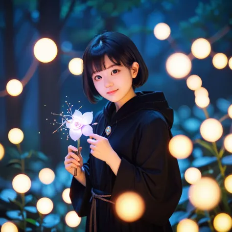 arafed woman holding a flower with sparklers in her hand