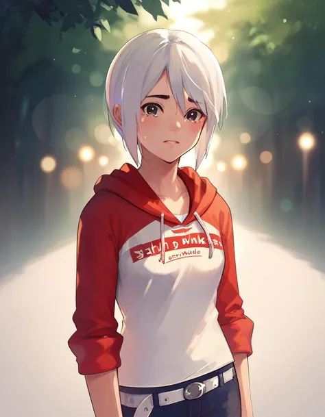 anime girl with white hair and red hoodie standing on a street