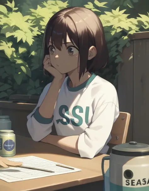 anime girl sitting at a table with a book and a can of soda